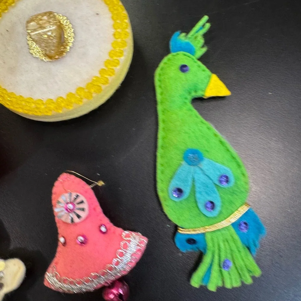 Vintage Christmas Ornaments Lot 7pc Multicolor Felt Sequin Kitsch Retro MCM